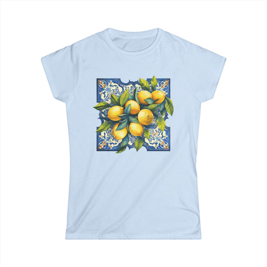 T-Shirt - Curved Edge Mediterranean Pattern & Lemon Women's Softstyle Tee