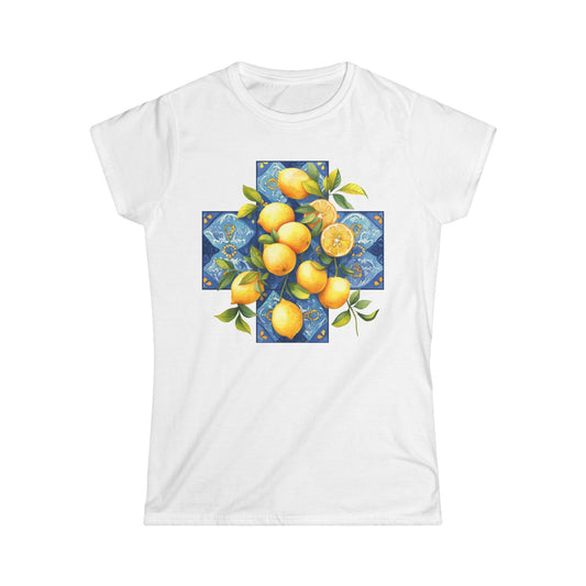 Women's Softstyle Tee with Mediterranean Style Pattern and Lemons