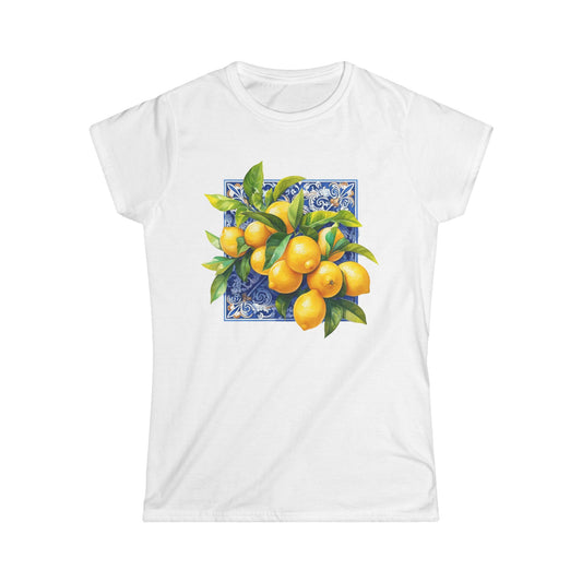 Women's Tee with Mediterranean Pattern & Large Lemons