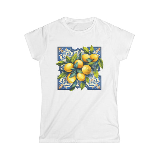 T-Shirt - Curved Edge Mediterranean Pattern & Lemon Women's Softstyle Tee