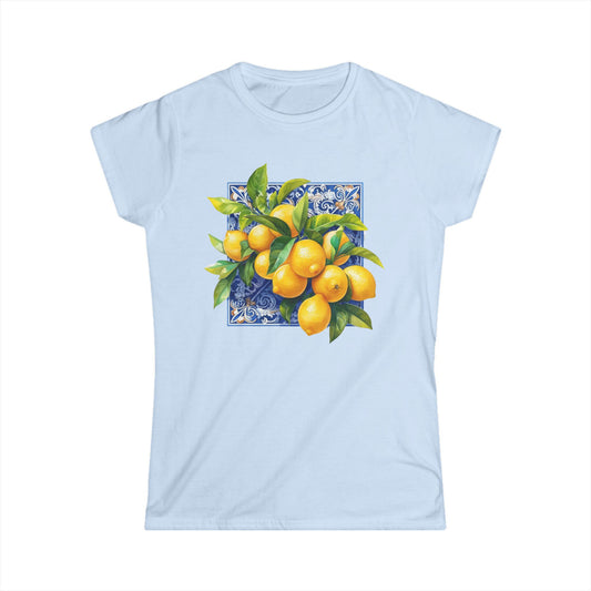 Women's Tee with Mediterranean Pattern & Large Lemons
