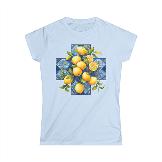Women's Softstyle Tee with Mediterranean Style Pattern and Lemons